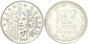 Франция 1 евро = 6,55957 франков 1999 страны Евросоюза, введение евро, курс франка к евро KM 1254 серебро UNC 4162-622