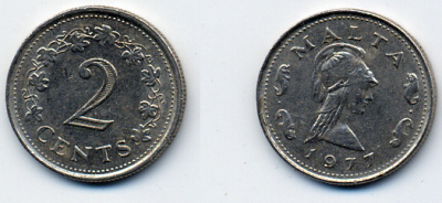 Мальта 2 цента 1977 Пентесилея, царица амазонок KM 9 медь цинк 57-426