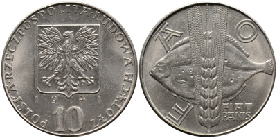 Польша 10 злотых 1971 FAO, продовольственная программа, рыбы KM 63 медно-никель UNC 441-745
