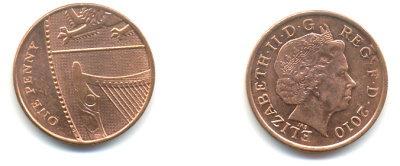 Великобритания 1 пенни 2010 Елизавета II (1952-2022) KM 1107, Spink B6 сталь плакированная медью 177-1213