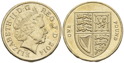 Великобритания 1 фунт 2014 Елизавета II (1952-2022), королевский щит KM 1113 никель латунь    4393-356
