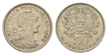 Португалия 50 сентаво 1966 голова Свободы вправо KM 577 никель латунь UNC 4659-647