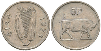 Ирландия 5 пенсов 1975 бык KM 22 медно-никель aUNC 4619-655