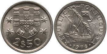 ПОРТУГАЛИЯ 2,5 ЭСКУДО 1976 ПАРУСНИК KM 590 медно-никель UNC 181-335