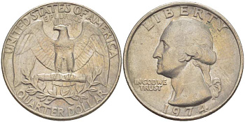 США 25 центов (квотер) 1974 Вашингтон KM 164a медь плакированная медно-никелем 217-111