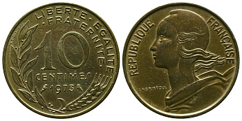 ФРАНЦИЯ 10 САНТИМОВ 1973 ТИП MARIANNE KM 929 медь алюминий никель 4381-625