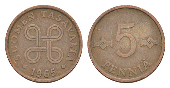 Финляндия 5 пенни 1965 KM 45 медь 4647-255