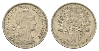 Португалия 50 сентаво 1966 голова Свободы вправо KM 577 никель латунь UNC 4659-647