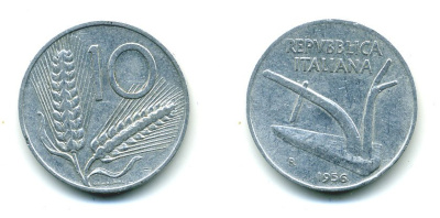 ИТАЛИЯ 10 ЛИР 1956 R, ПЛУГ KM 93 алюминий 23-1312