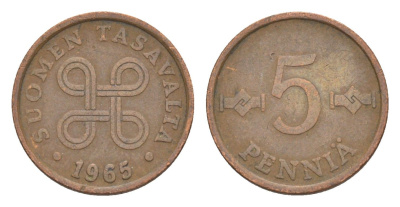 Финляндия 5 пенни 1965 KM 45 медь 4647-255