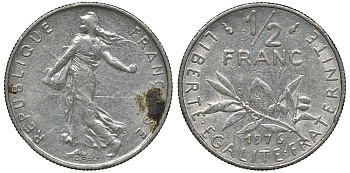 ФРАНЦИЯ 1/2 ФРАНКА 1976 СЕЯТЕЛЬ KM 931.1, LE FRANC 198.15 никель 72-1236