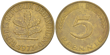 ФРГ 5 ПФЕННИГОВ 1973 J KM 107, J. 382 сталь плакированная латунью 4181-941