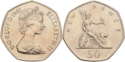 Великобритания 50 пенсов 1981 Елизавета II (1952-2022) KM 913, Spink 4223 (H1) медно-никель aUNC 88-543
