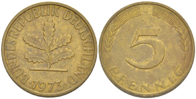 ФРГ 5 ПФЕННИГОВ 1973 J KM 107, J. 382 сталь плакированная латунью 4181-941