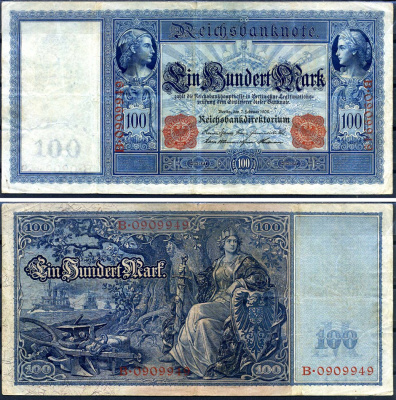 Германия 100 марок 1908 красная печать, Меркурий и Церера, белая бумага Pick 35 бумага 7191-44-2-2