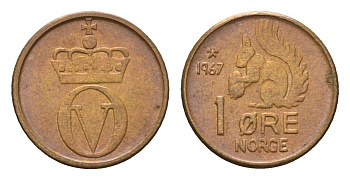 Норвегия 1 эре 1967 Улаф V (1957-1991) KM 403 бронза 4702-538