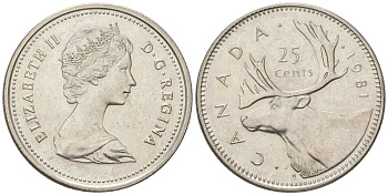Канада 25 центов 1981 Елизавета II (1952-2022), олень KM 74 никель aUNC 4616-755
