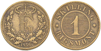 ДАНИЯ 1 СКИЛЛИНГ РИГСМОНТ 1856 ФРЕДЕРИК VII (1848-1863) KM 763 (C135) бронза 111-932