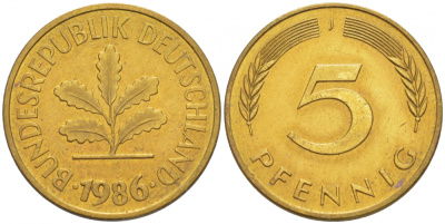 ФРГ 5 ПФЕННИГОВ 1986 J KM 107, J. 382 сталь плакированная латунью 4396-1651