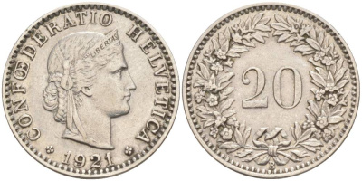 Швейцария 20 раппенов 1921 В KM 29 никель 55-632