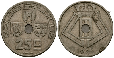 Бельгия 25 сантимов 1938 Belgie - Belgique KM 115 никель латунь 4117-224