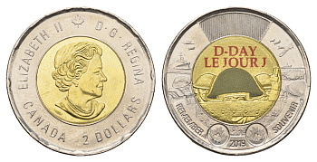 Канада 2 доллара 2019 75 лет высадке союзников в Нормандии, Цветное покрытие KM 2764.2 биметалл UNC 4678-1254