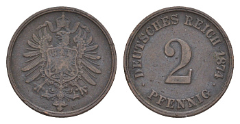 Германия 2 пфеннига 1874 F, Вильгельм I (1871-1888) KM 2, J. 2, Weege 3 медь 4639-1157
