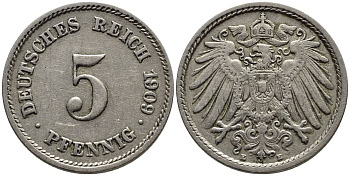 ГЕРМАНИЯ 5 ПФЕННИГОВ 1909 E KM 11, Jager 12, Weege 6 медно-никель 4547-512
