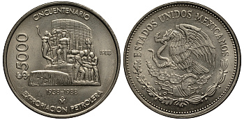 Мексика 5000 песо 1988 Мо, 50 лет национализации нефтяной промышленности, монумент нефтяникам KM 531 медно-никель UNC 118-821