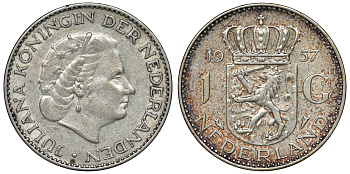 Нидерланды 1 гульден 1957 Юлиана (1948-1980) KM 184 серебро 71-1126