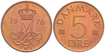 Дания 5 эре 1976 S; B, Маргрете II (1972- ) KM 859.1 железо плакированное медью 201-1164
