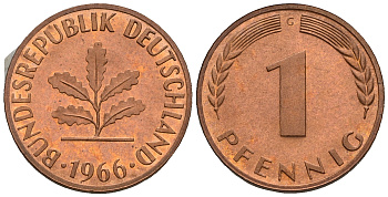 ФРГ 1 пфенниг 1966 G KM 105, J.380 сталь плакированная медью PROOF 1094-7-52