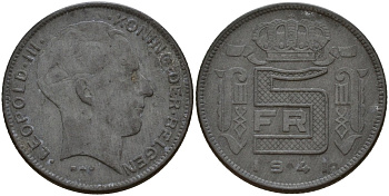 Бельгия 5 франков 1941 DES BELGEN, Леопольд III (1934-1947) KM 129 цинк 4161-921