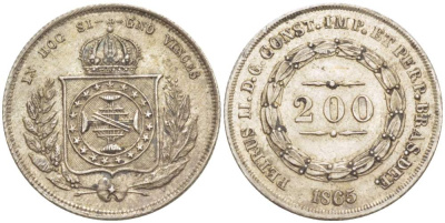 Бразилия 200 рейс 1865 Педро II (1831-1889) KM 469 серебро    4528-144