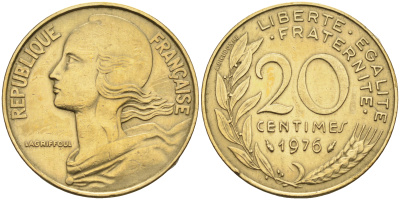 Франция 20 сантимов 1976 тип Marianne KM 930 медь алюминий никель    4177-115