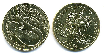 Польша 2 злотых 2009 MW, серия сохраним наш мир, зеленая ящерица KM 678 латунь UNC M5-08