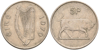 Ирландия 5 пенсов 1970 бык KM 22 медно-никель 4561-1147
