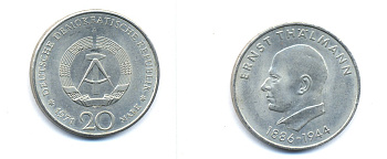 ГДР 20 марок 1971 A, 85 лет со дня рождения Эрнста Тельмана KM 34, J. 1535 медно-никель 3333-642