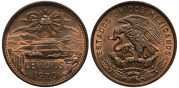 МЕКСИКА 20 СЕНТАВО 1970 ПИРАМИДА СОЛНЦА В ТЕОТИУАКАНЕ KM 440 бронза XF-UNC 4403-942