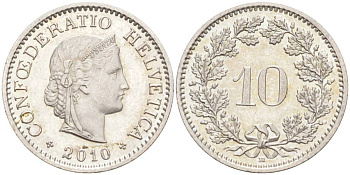 ШВЕЙЦАРИЯ 10 РАППЕНОВ 2010 В KM 27 медно-никель 55-551
