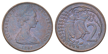 Новая Зеландия 2 цента 1969 Елизавета II (1952-2022), два цветка кохаи KM 32.1 бронза 4627-837