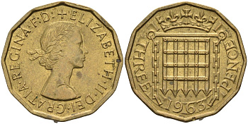 Великобритания 3 пенса 1963 Елизавета II (1952-2022) KM 900, Spink 4153 никель латунь 4126-723