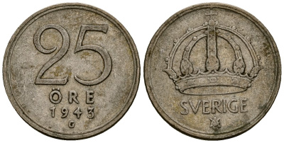Швеция 25 эре 1943 Густав V (1907-1950) KM 816 серебро 4164-1023