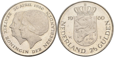 Нидерланды 2 1/2 гульдена 1980 коронация Беатрикс, 30 апреля 1980 KM 201 никель 4565-725