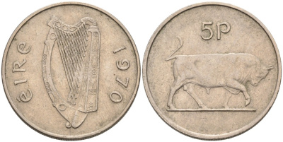 Ирландия 5 пенсов 1970 бык KM 22 медно-никель 4561-1147