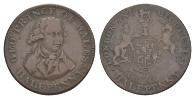 Великобритания, Мидлсекс 1/2 пенни ND (1787-1797) Национальная серия - Принц Уэльский, гурт - надпись, токен Dalton & Hamer 953a медь 1526-712