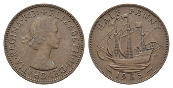Великобритания 1/2 пенни 1955 Елизавета II (1952-2022) KM 896, Spink 4158 бронза 4662-1135