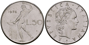 Италия 50 лир 1976 KM 95.1 нержавеющая сталь 4176-237