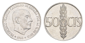Испания 50 сентимо 1966 (70) Франсиско Франко KM 795 алюминий UNC 4611-435