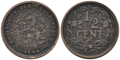 Нидерланды 1/2 цента 1928 Вильгельмина (1890-1948) KM 138 бронза 4576-447